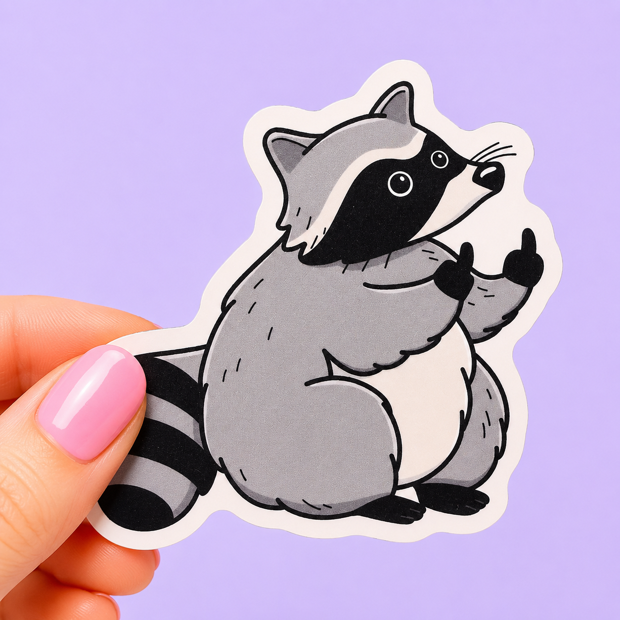 Sleazy Greetings funny die-cut vinyl sticker featuring a chunky raccoon giving double middle fingers. Cute chaotic trash-panda sticker with rebellious gremlin energy, minimalist cartoon artwork, and aggressively unbothered vibes.