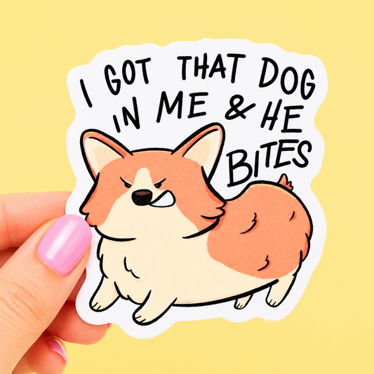 Sleazy Greetings funny die-cut vinyl sticker featuring an angry little corgi beside the phrase ‘I Got That Dog In Me & He Bites.’ Cute chaotic dog sticker with meme-inspired humor, playful cartoon artwork, and aggressively unhinged tiny gremlin energy.