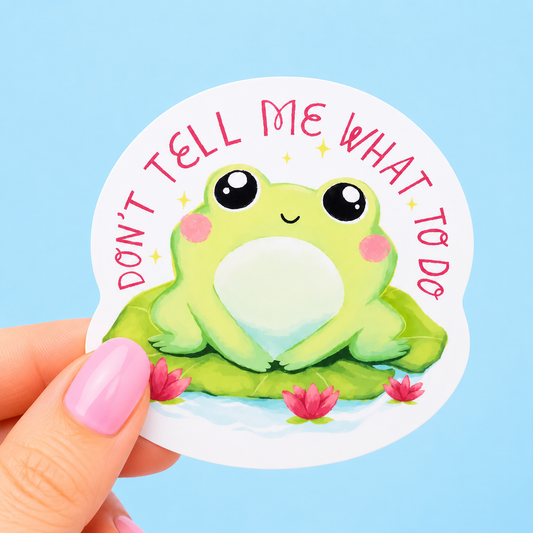 Sleazy Greetings cute die-cut vinyl sticker featuring an adorable blushing frog sitting on a lily pad beside the phrase ‘Don’t Tell Me What To Do.’ Whimsical kawaii-style sticker with chaotic rebellious energy, soft watercolor-inspired artwork, and cute-but-defiant frog vibes.