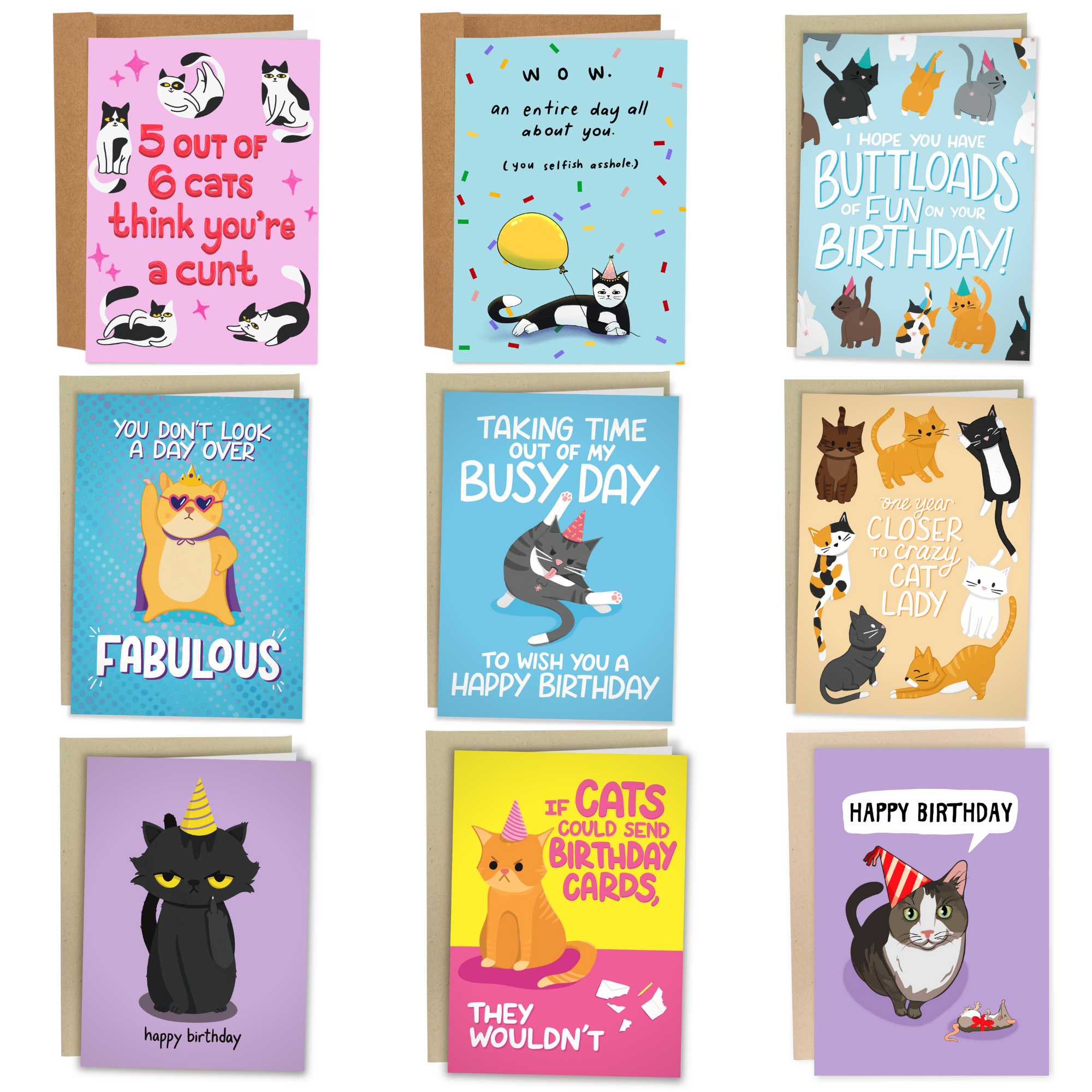 Purr-fect Party Pack. 9 Cat Themed Birthday Cards