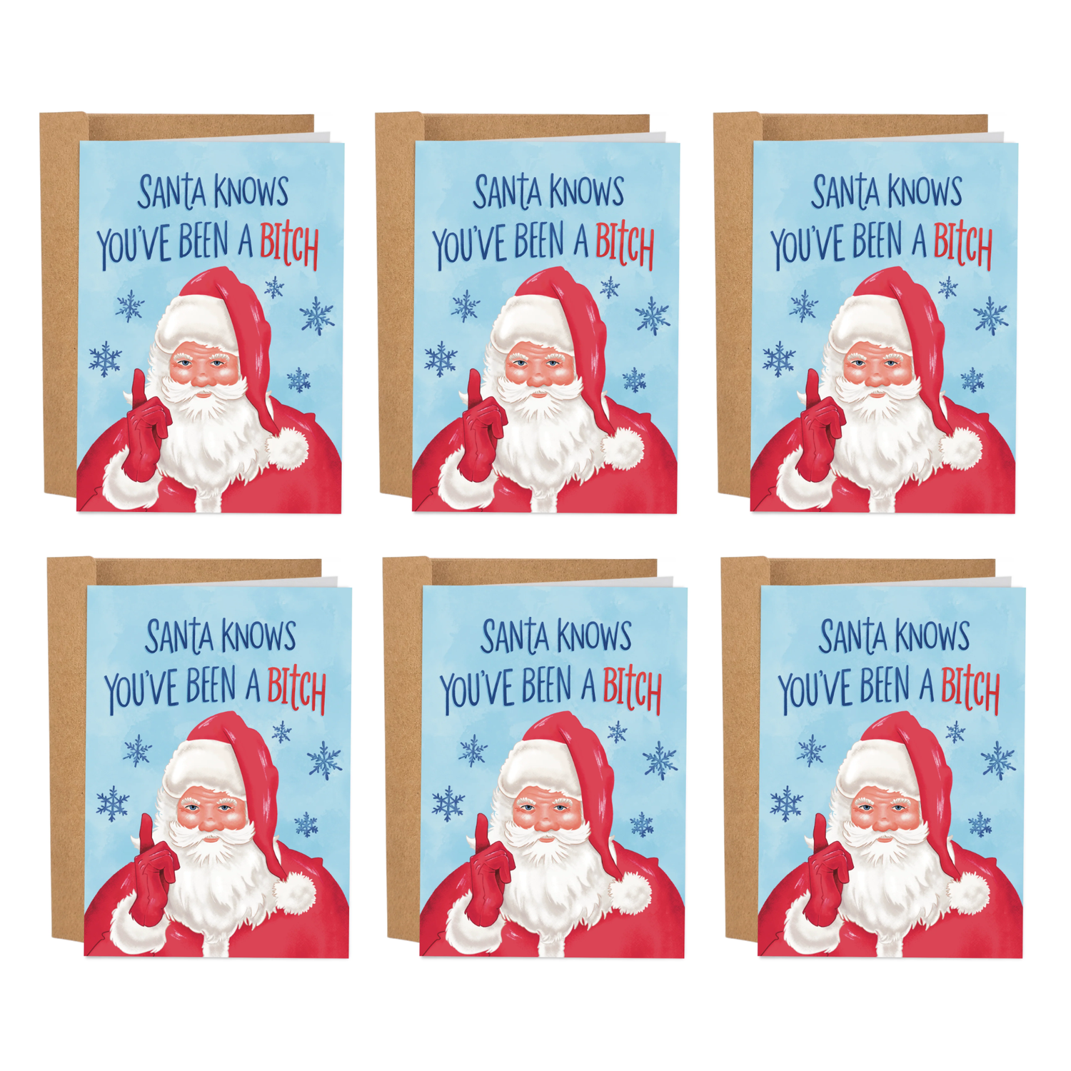 Six identical cards with Santa Claus and humorous text on a white background