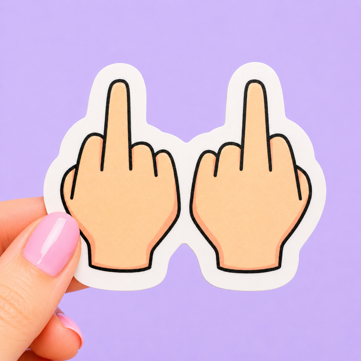 Sleazy Greetings funny die-cut vinyl sticker featuring two raised middle fingers in a minimalist emoji-inspired design. Simple sarcastic sticker with bold rebellious energy, chaotic mood vibes, and universally relatable “leave me alone” humor.