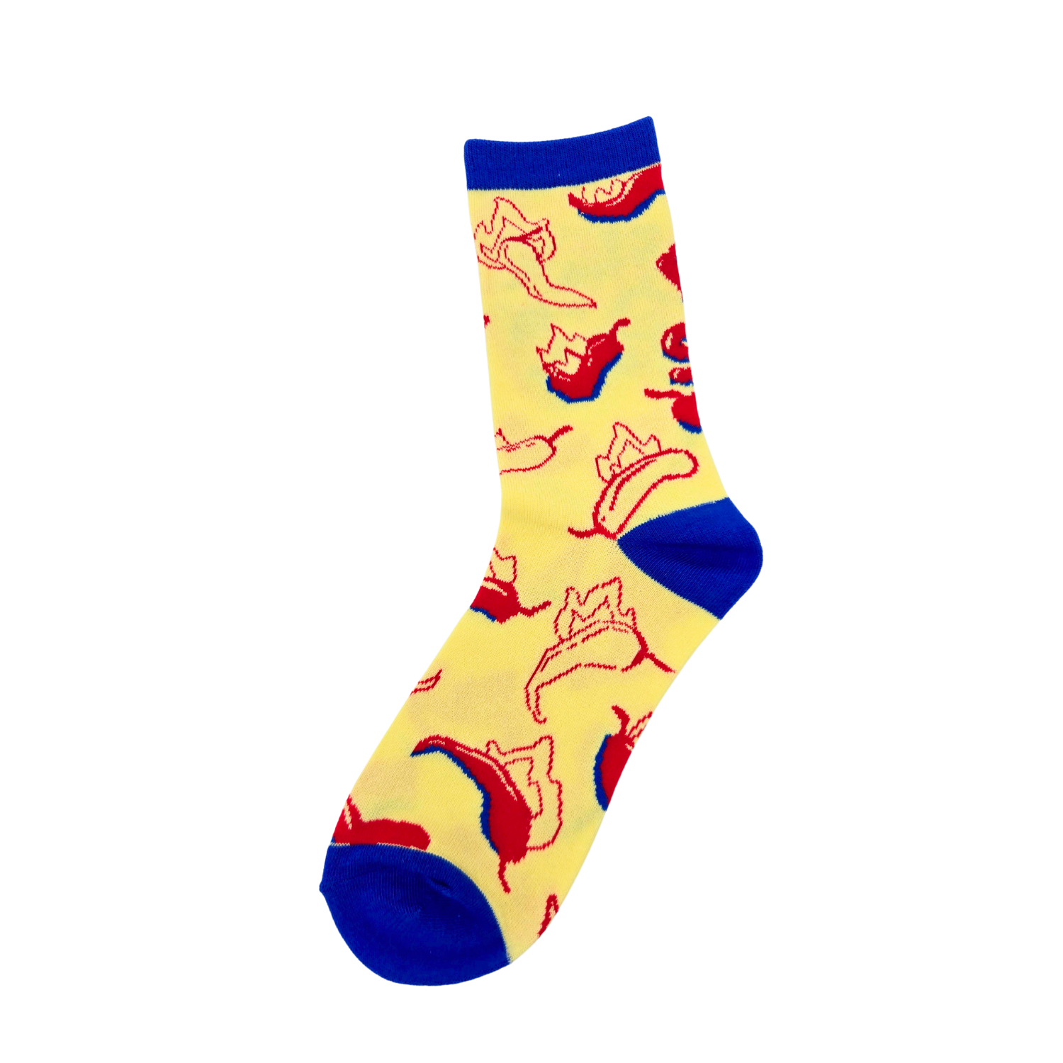 Sleazy Greetings novelty crew socks featuring a spicy hot pepper pattern with bold red and blue accents on a bright yellow background and playful ‘Extra Spicy’ typography. Funny food-themed crew socks with vibrant retro-inspired colors and quirky statement style.