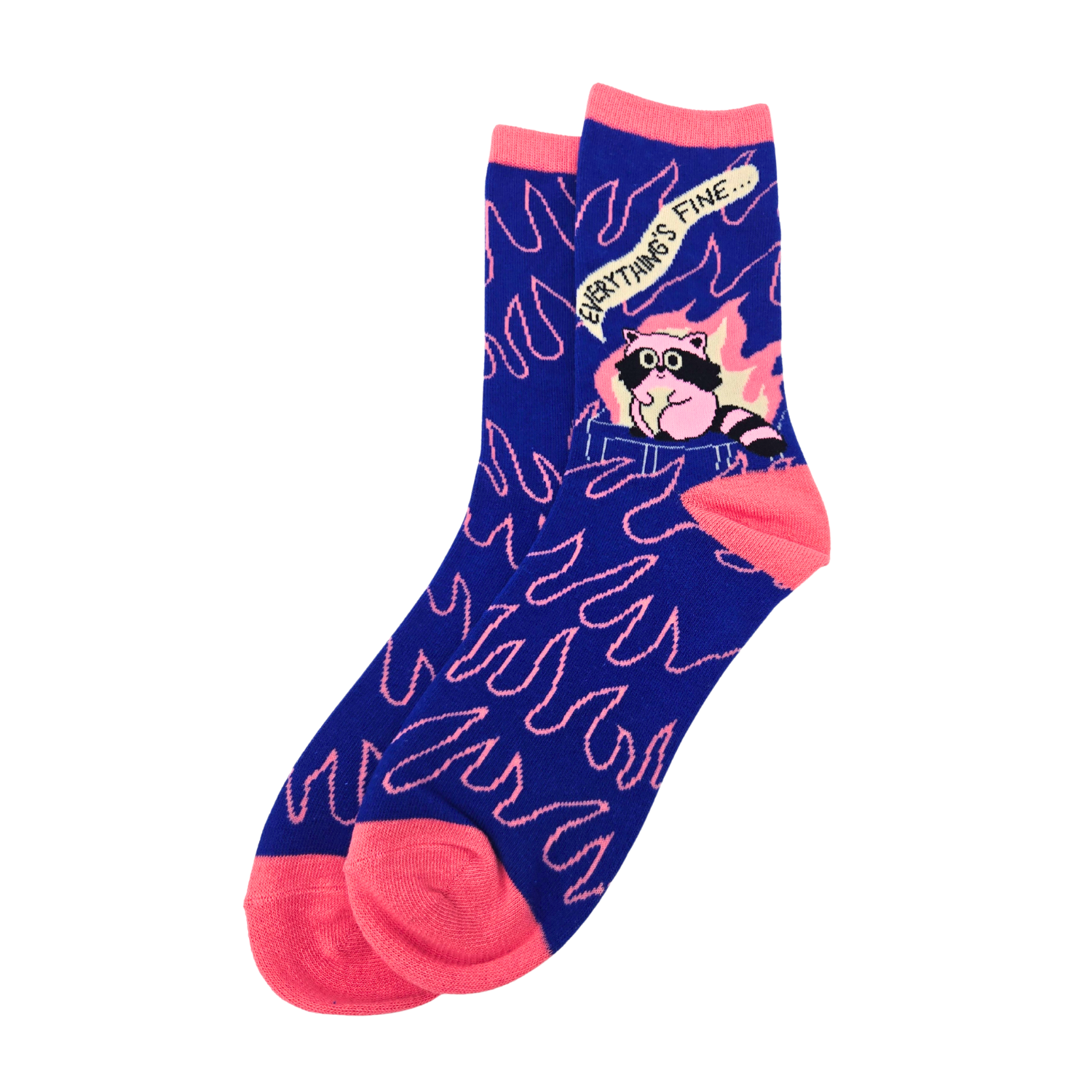 Sleazy Greetings novelty crew socks featuring a chaotic ‘Everything’s Fine’ raccoon illustration surrounded by flames with pink flame pattern detailing on a bold blue background. Funny meme-inspired crew socks with quirky disaster humor and vibrant neon-style colors.
