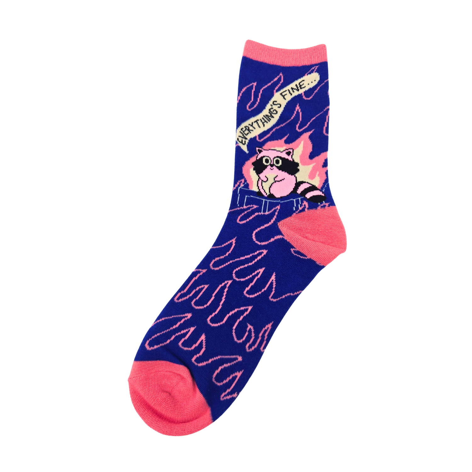 Sleazy Greetings novelty crew socks featuring a chaotic ‘Everything’s Fine’ raccoon illustration surrounded by flames with pink flame pattern detailing on a bold blue background. Funny meme-inspired crew socks with quirky disaster humor and vibrant neon-style colors.