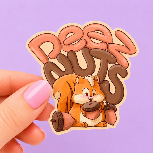 Sleazy Greetings funny die-cut vinyl sticker featuring a cute squirrel hoarding acorns beneath the phrase ‘Deez Nuts.’ Playful woodland meme sticker with adorable cartoon artwork, cozy autumn colors, and chaotic nutty humor aesthetic.