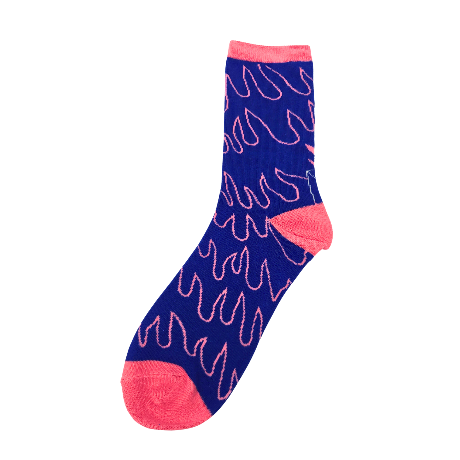 Sleazy Greetings novelty crew socks featuring a chaotic ‘Everything’s Fine’ raccoon illustration surrounded by flames with pink flame pattern detailing on a bold blue background. Funny meme-inspired crew socks with quirky disaster humor and vibrant neon-style colors.