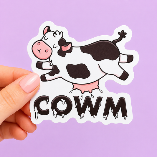 Sleazy Greetings funny die-cut vinyl sticker featuring a flying dairy cow beside the phrase ‘Cowm.’ Cute chaotic farm-animal sticker with absurd peaceful energy, playful cartoon artwork, and aggressively zen little gremlin vibes.