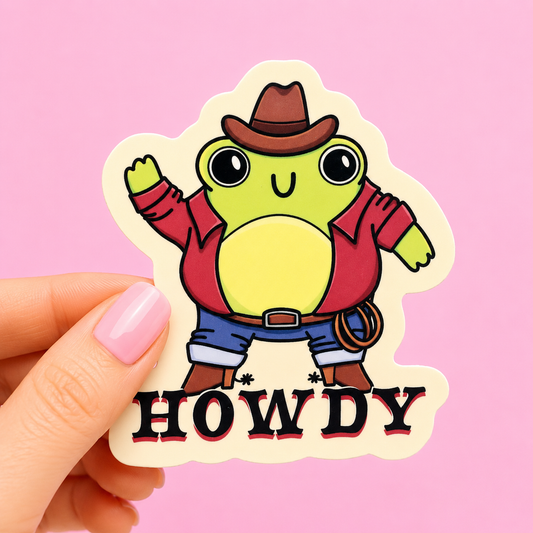 Sleazy Greetings cute die-cut vinyl sticker featuring an adorable frog dressed as a cowboy beside the phrase ‘Howdy.’ Whimsical western-style sticker with kawaii frog artwork, yeehaw energy, and charmingly chaotic country vibes.