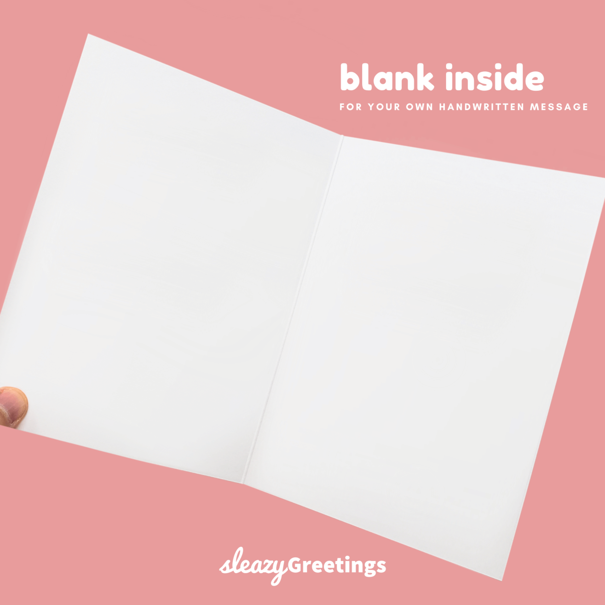 White card with 'blank inside' text on a pink background, featuring 'sleazyGreetings' branding.