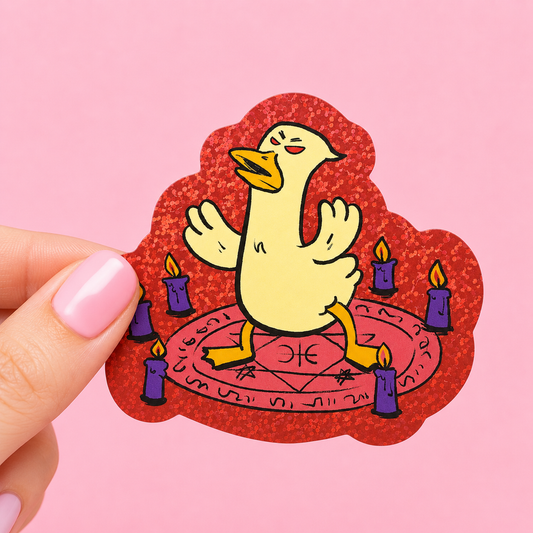 Sleazy Greetings holographic vinyl sticker featuring a dancing cartoon goose inside a summoning circle surrounded by lit candles. Funny occult-inspired silly goose sticker with glittery red background, chaotic energy, and whimsical spooky aesthetic.