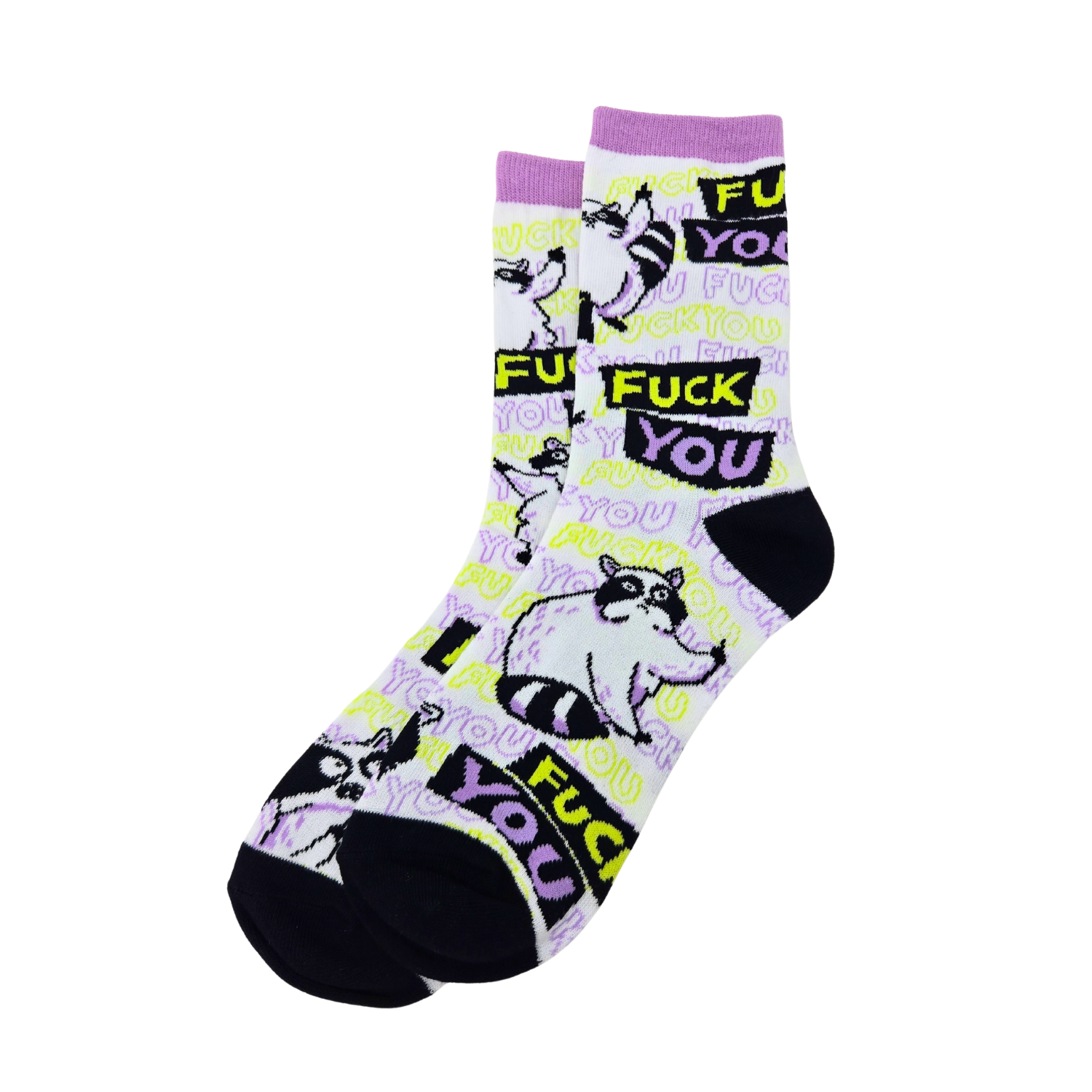 Sleazy Greetings novelty crew socks featuring grumpy cartoon raccoons and repeated ‘Fuck You’ typography in bold black, neon yellow, lavender, and white colors. Funny sarcastic statement socks with chaotic meme-inspired artwork and edgy humorous style.