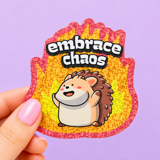 Sleazy Greetings funny holographic vinyl sticker featuring a happy cartoon hedgehog standing in front of flames beside the phrase ‘Embrace Chaos.’ Cute chaotic energy sticker with glittery fire background, wholesome animal artwork, and playful disaster-core aesthetic.
