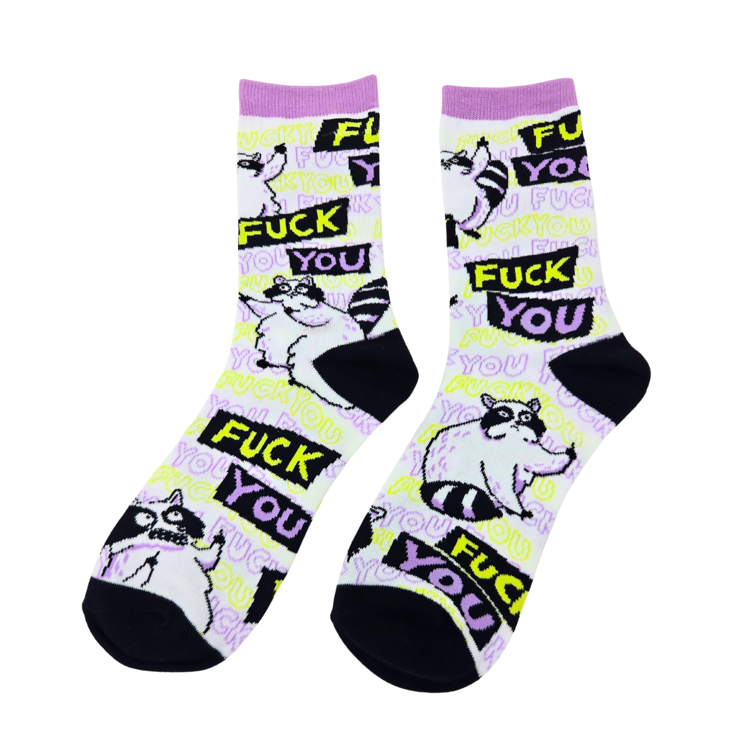 Sleazy Greetings novelty crew socks featuring grumpy cartoon raccoons and repeated ‘Fuck You’ typography in bold black, neon yellow, lavender, and white colors. Funny sarcastic statement socks with chaotic meme-inspired artwork and edgy humorous style.