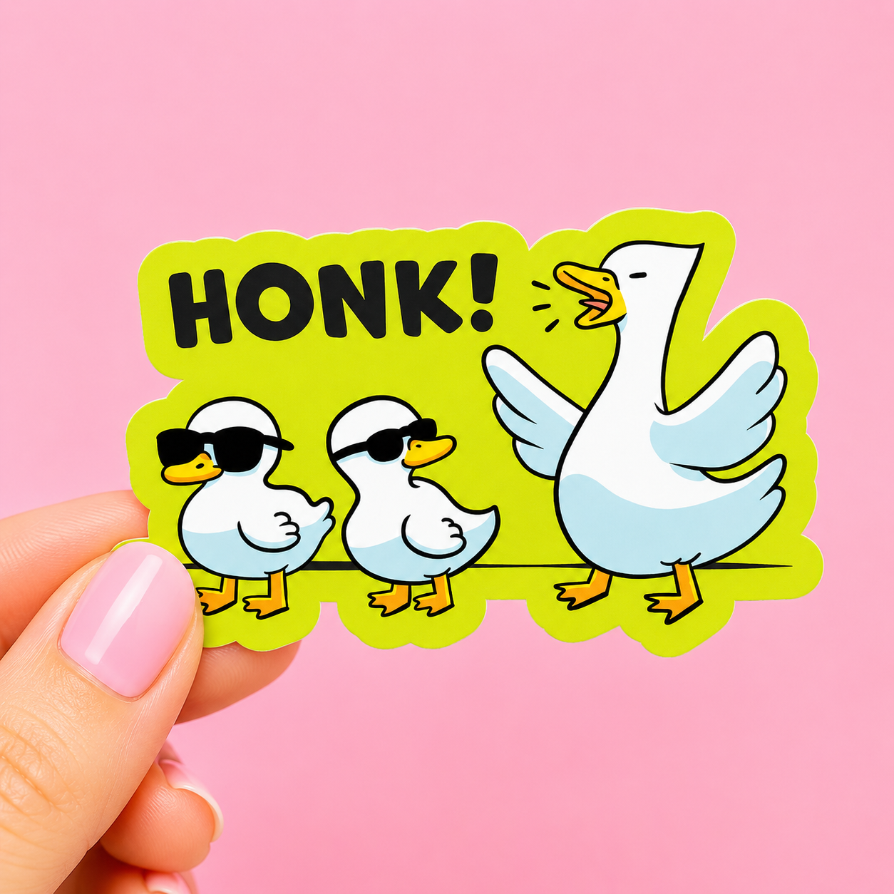 Sleazy Greetings funny die-cut vinyl sticker featuring a loud cartoon goose honking beside two cool ducklings wearing sunglasses with the phrase ‘HONK!’ Cute silly goose sticker with playful bird humor, bright bold colors, and chaotic wholesome energy.