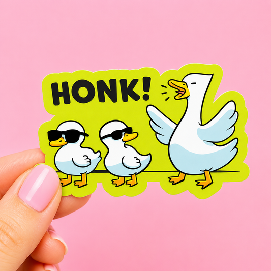 Sleazy Greetings funny die-cut vinyl sticker featuring a loud cartoon goose honking beside two cool ducklings wearing sunglasses with the phrase ‘HONK!’ Cute silly goose sticker with playful bird humor, bright bold colors, and chaotic wholesome energy.