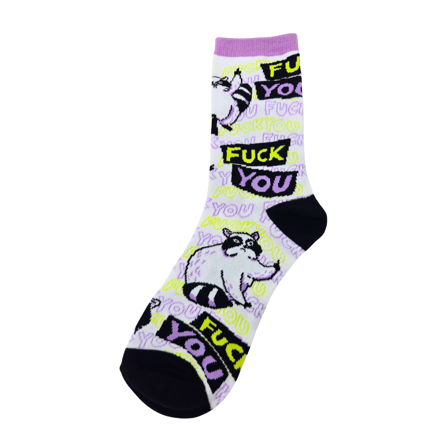 Sleazy Greetings novelty crew socks featuring grumpy cartoon raccoons and repeated ‘Fuck You’ typography in bold black, neon yellow, lavender, and white colors. Funny sarcastic statement socks with chaotic meme-inspired artwork and edgy humorous style.