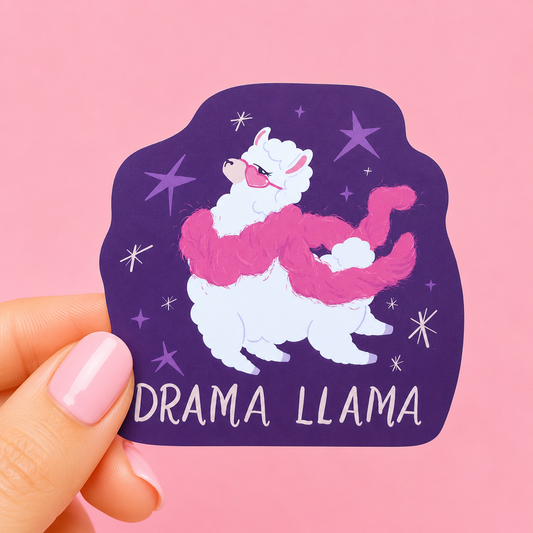 Sleazy Greetings cute die-cut vinyl sticker featuring a fabulous llama wrapped in a fluffy pink feather boa beside the phrase ‘Drama Llama.’ Playful glam-animal sticker with retro diva energy, whimsical pastel artwork, and delightfully over-the-top chaotic vibes.