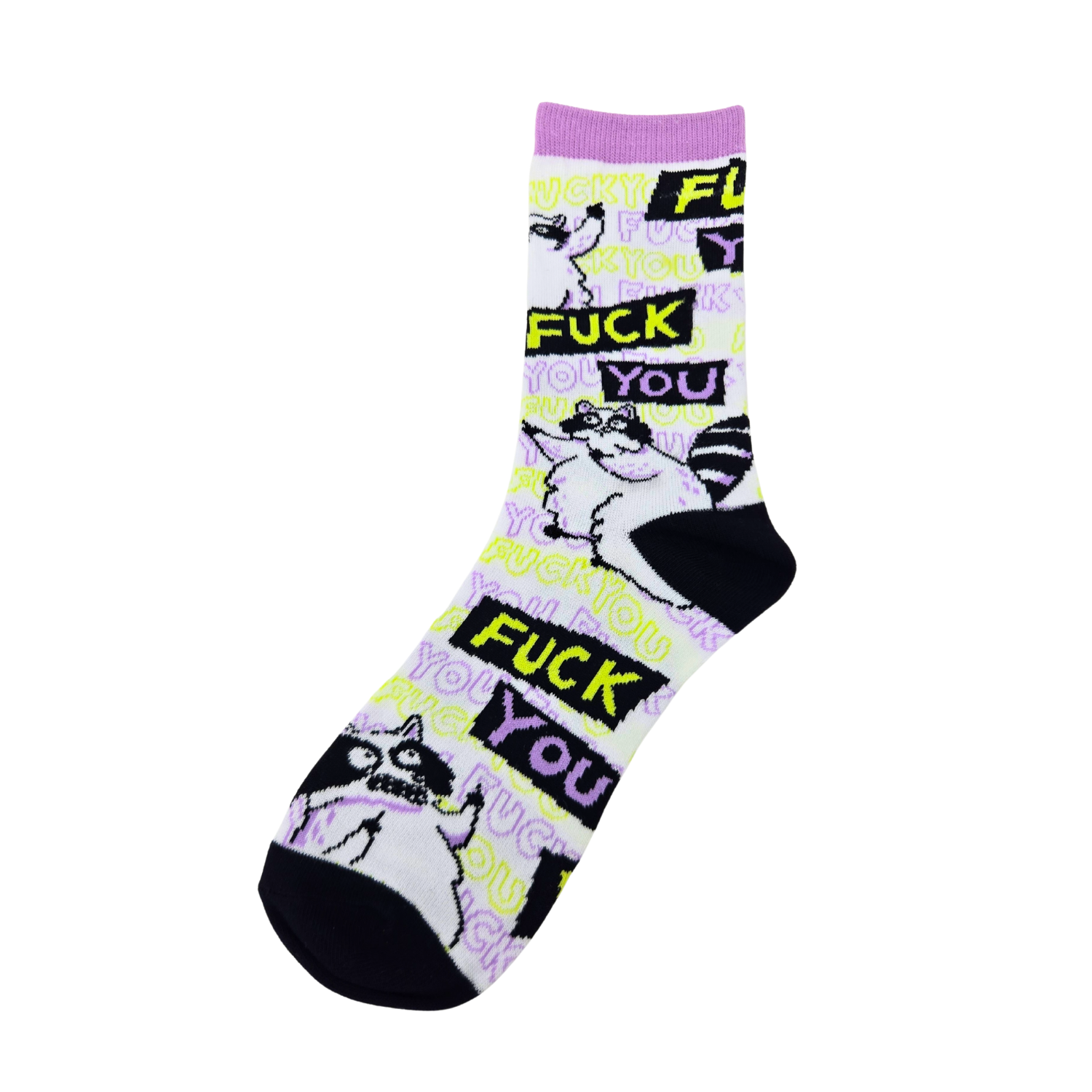 Sleazy Greetings novelty crew socks featuring grumpy cartoon raccoons and repeated ‘Fuck You’ typography in bold black, neon yellow, lavender, and white colors. Funny sarcastic statement socks with chaotic meme-inspired artwork and edgy humorous style.