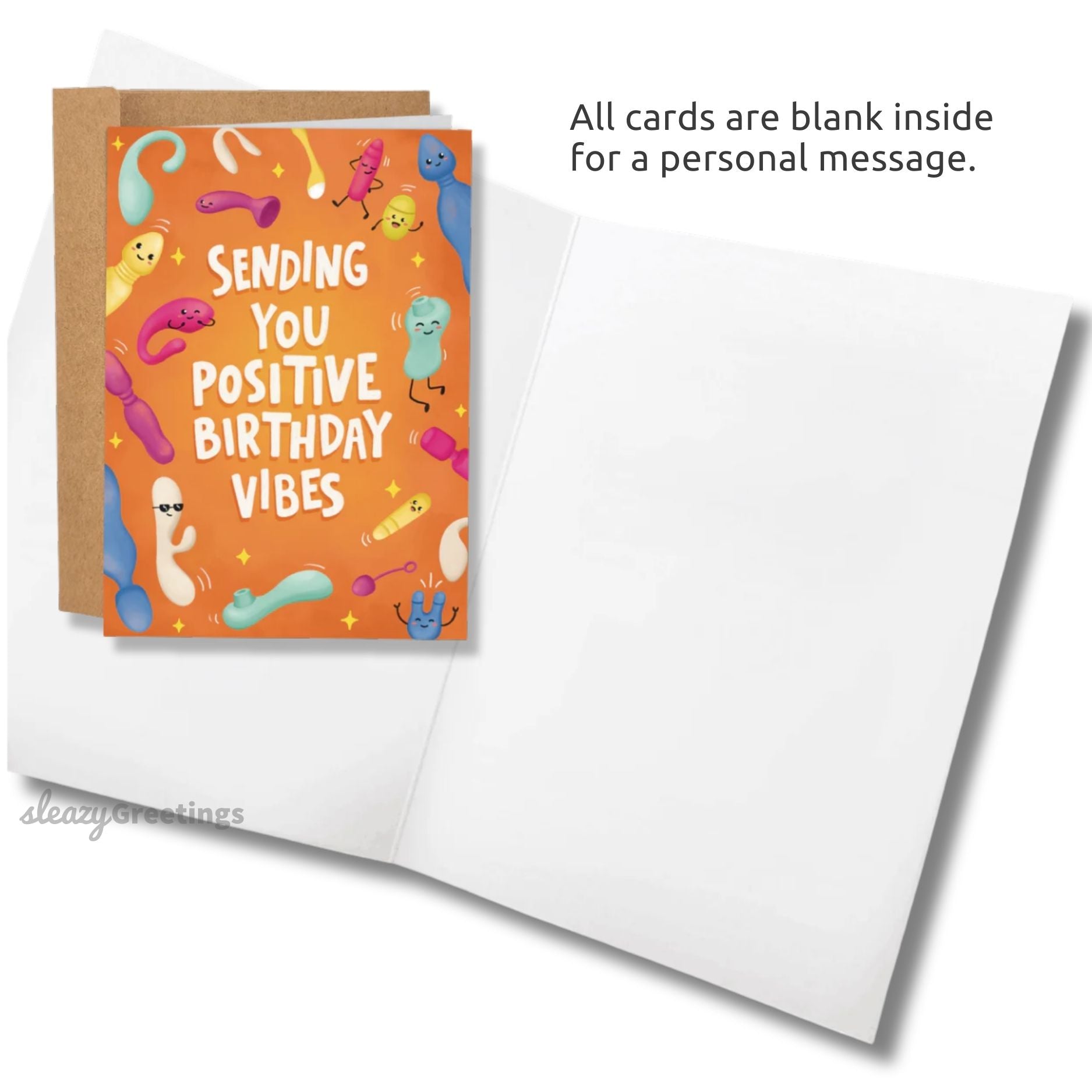 Birthday card with colorful text and illustrations on an orange background, featuring a white envelope.