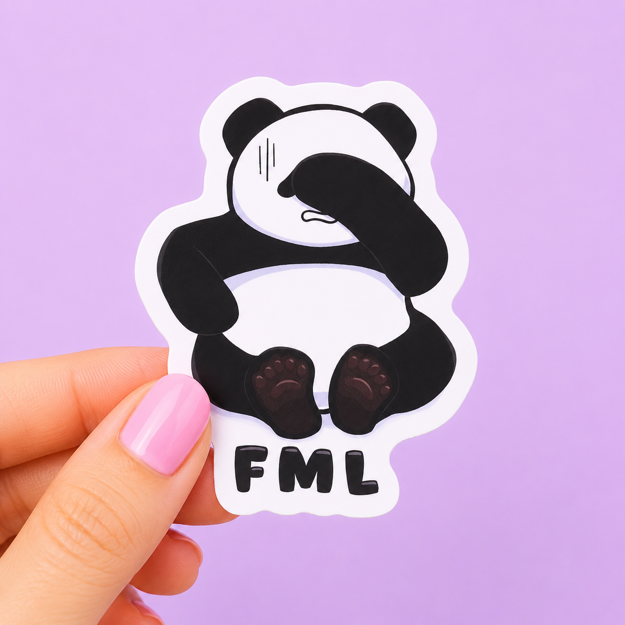 Sleazy Greetings funny die-cut vinyl sticker featuring a facepalming panda beside the phrase ‘FML.’ Minimalist chaotic animal sticker with relatable burnout humor, bold cartoon artwork, and aggressively defeated gremlin energy.