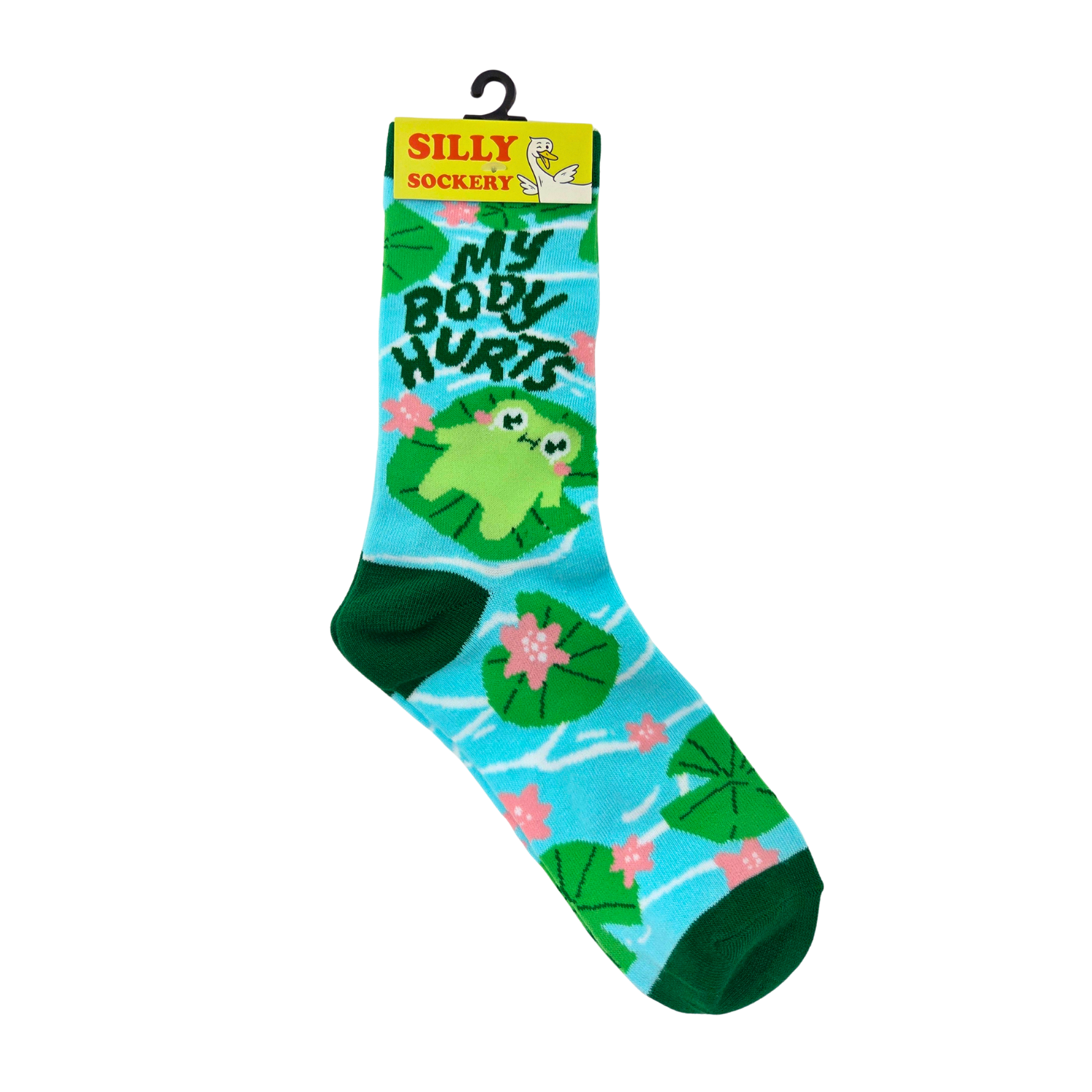 Sleazy Greetings novelty crew socks featuring a cute floating frog illustration with the phrase ‘No Body Hurries’ surrounded by lily pads, flowers, and pond-inspired patterns in bright aqua and green colors. Funny relaxing-themed crew socks with whimsical nature artwork and cozy laid-back humor.