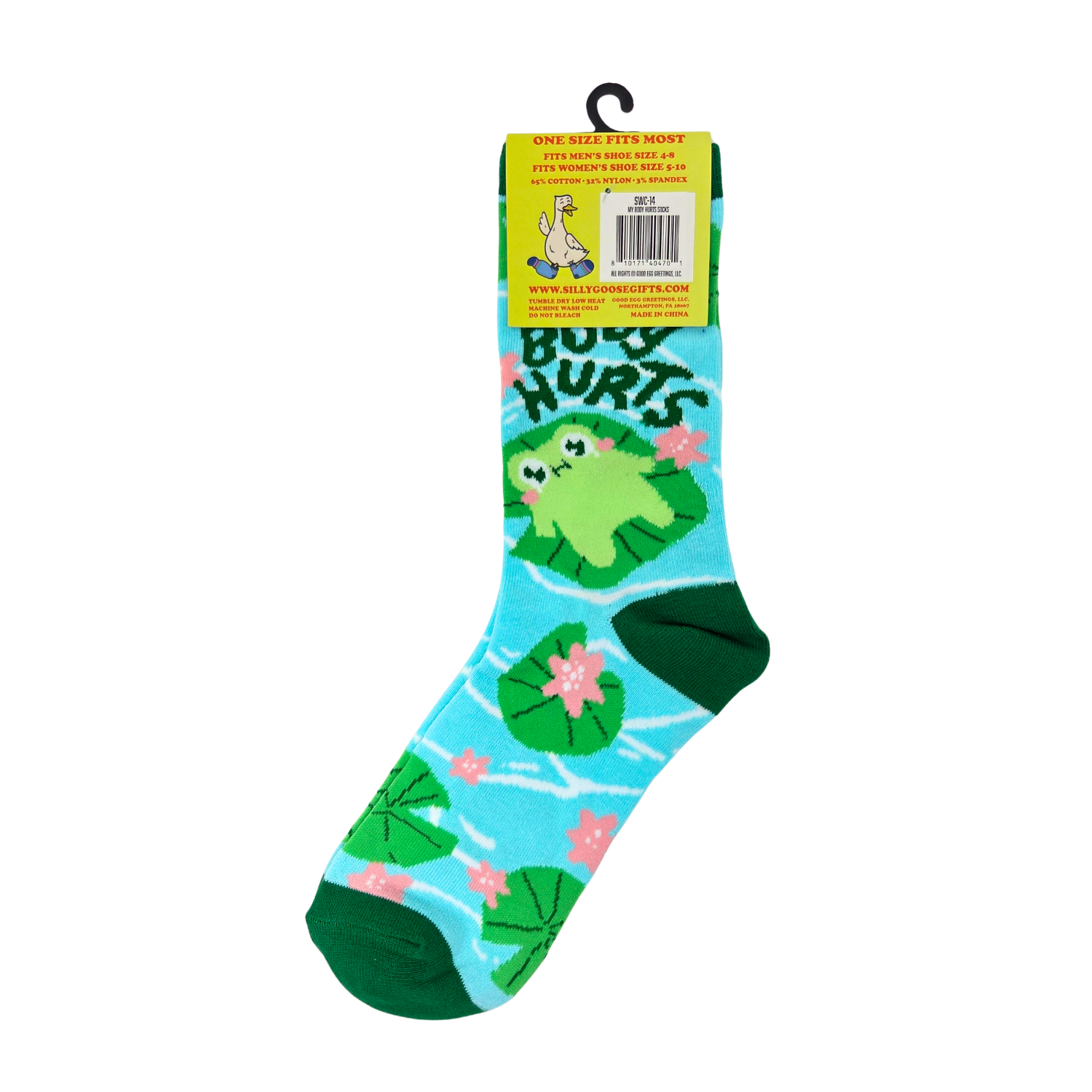 Sleazy Greetings novelty crew socks featuring a cute floating frog illustration with the phrase ‘No Body Hurries’ surrounded by lily pads, flowers, and pond-inspired patterns in bright aqua and green colors. Funny relaxing-themed crew socks with whimsical nature artwork and cozy laid-back humor.