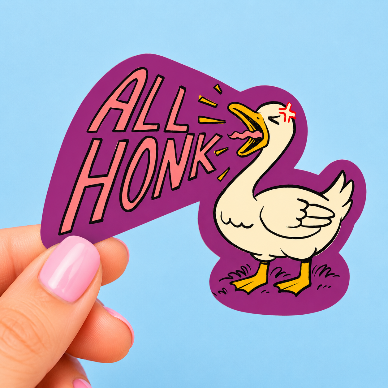 Sleazy Greetings funny die-cut vinyl sticker featuring an angry honking goose beside the phrase ‘ALL HONK.’ Chaotic silly goose sticker with loud bird energy, bold cartoon artwork, and playful unhinged meme humor aesthetic.