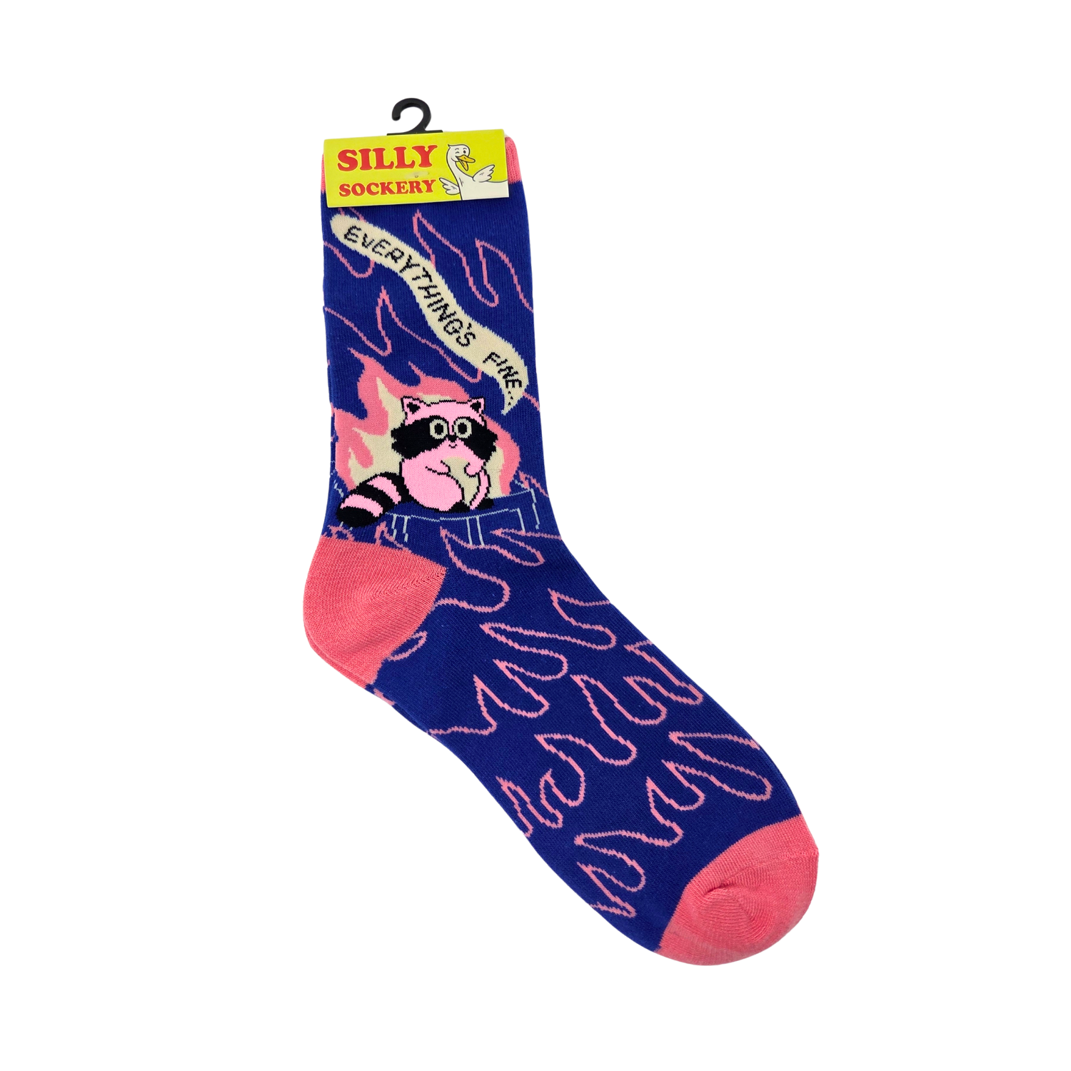 Sleazy Greetings novelty crew socks featuring a chaotic ‘Everything’s Fine’ raccoon illustration surrounded by flames with pink flame pattern detailing on a bold blue background. Funny meme-inspired crew socks with quirky disaster humor and vibrant neon-style colors.