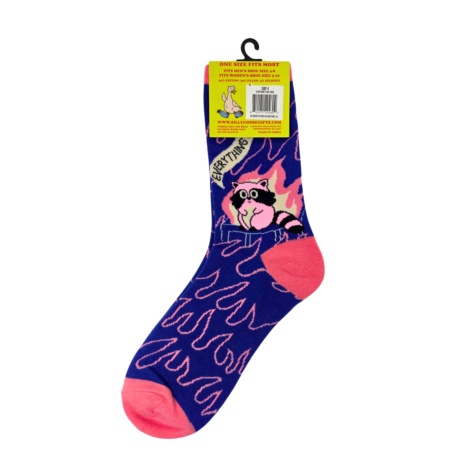 Sleazy Greetings novelty crew socks featuring a chaotic ‘Everything’s Fine’ raccoon illustration surrounded by flames with pink flame pattern detailing on a bold blue background. Funny meme-inspired crew socks with quirky disaster humor and vibrant neon-style colors.