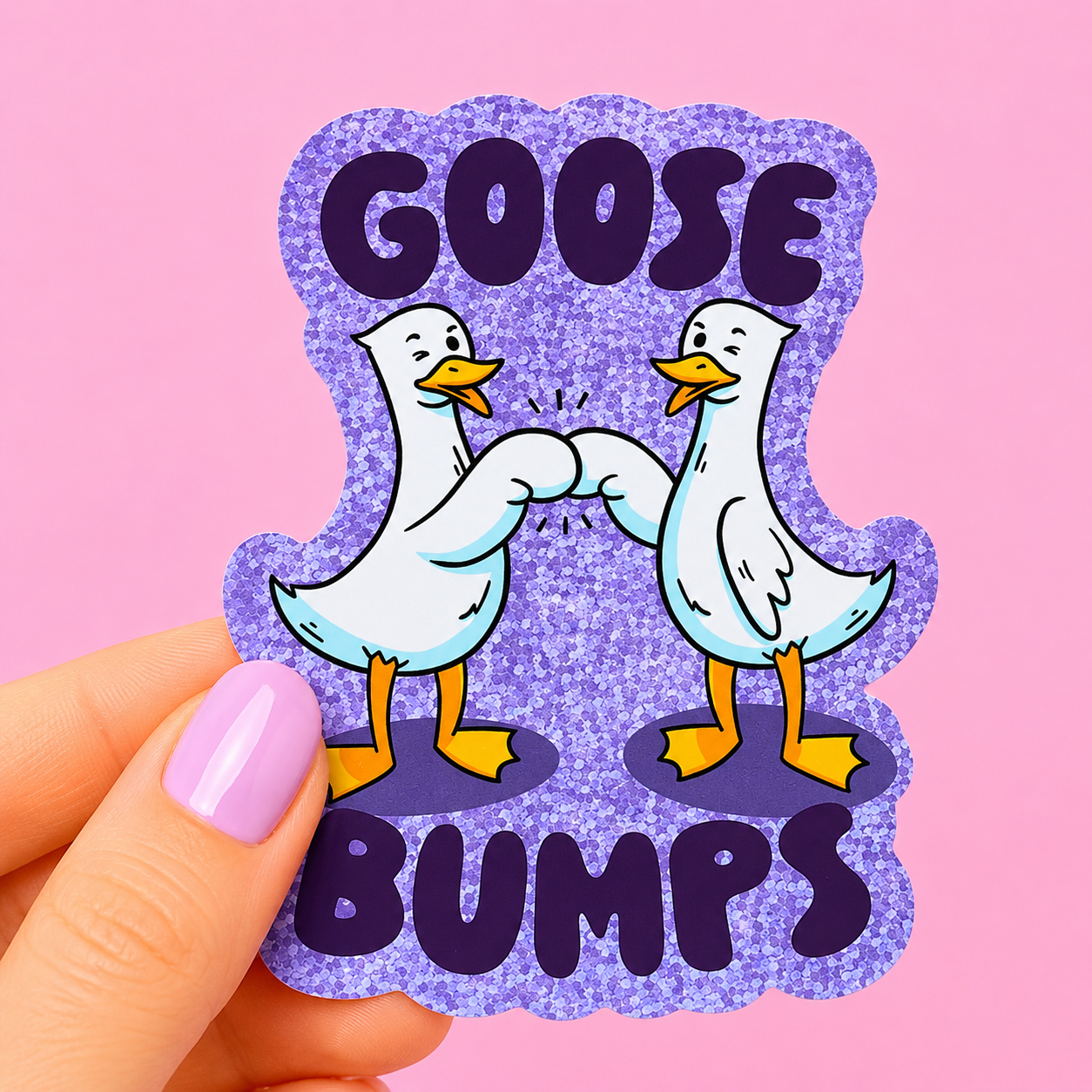 Sleazy Greetings funny die-cut vinyl sticker featuring two cartoon geese fist-bumping beside the phrase ‘Goose Bumps.’ Cute pun sticker with playful bird humor, glittery purple background, and wholesome silly goose aesthetic.