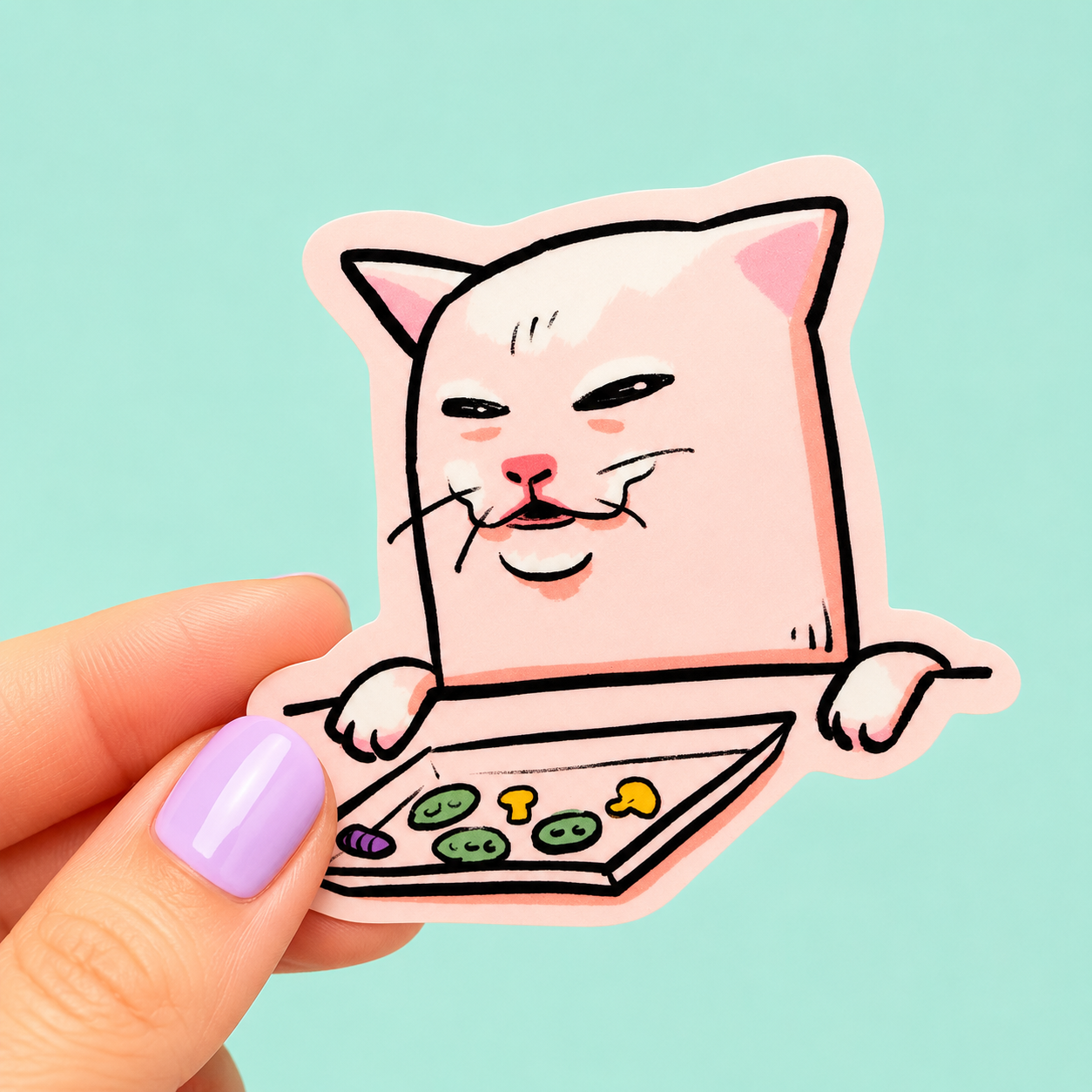 Sleazy Greetings funny die-cut vinyl sticker featuring a mischievous cartoon cat peeking over a table with a smug expression beside a tray of pickles. Weird chaotic animal sticker with absurd humor, soft pastel artwork, and meme-inspired aesthetic.