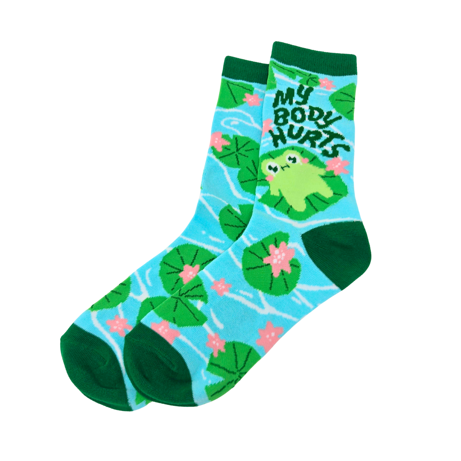 Sleazy Greetings novelty crew socks featuring a cute floating frog illustration with the phrase ‘No Body Hurries’ surrounded by lily pads, flowers, and pond-inspired patterns in bright aqua and green colors. Funny relaxing-themed crew socks with whimsical nature artwork and cozy laid-back humor.