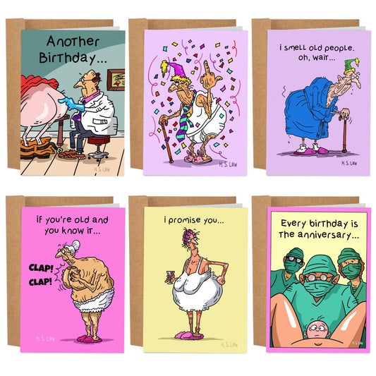 6 Snarky Cartoon Birthday Card Sets - Sleazy Greetings - greetingcard