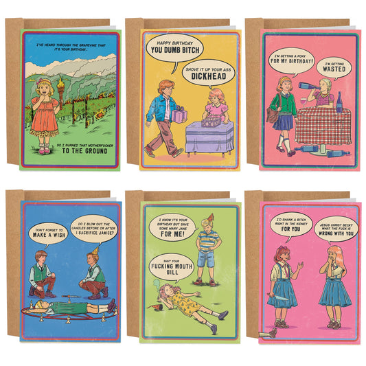 6 Vintage 1970's Dark Humor Birthday Cards Set - Sleazy Greetings - greetingcard