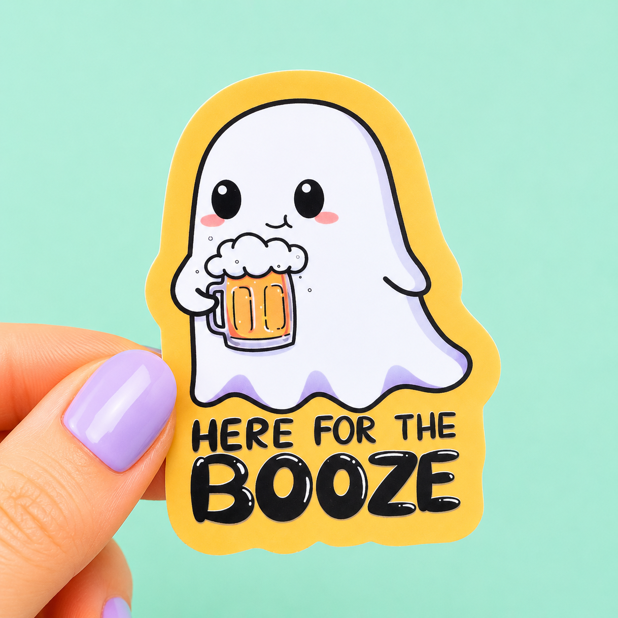 Sleazy Greetings cute die-cut vinyl sticker featuring an adorable ghost holding a frothy beer beside the phrase ‘Here for the Booze.’ Spooky cute party sticker with playful pastel artwork, cozy ghost vibes, and chaotic little drinking gremlin energy.