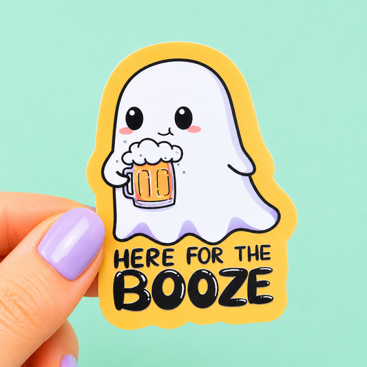 Sleazy Greetings cute die-cut vinyl sticker featuring an adorable ghost holding a frothy beer beside the phrase ‘Here for the Booze.’ Spooky cute party sticker with playful pastel artwork, cozy ghost vibes, and chaotic little drinking gremlin energy.