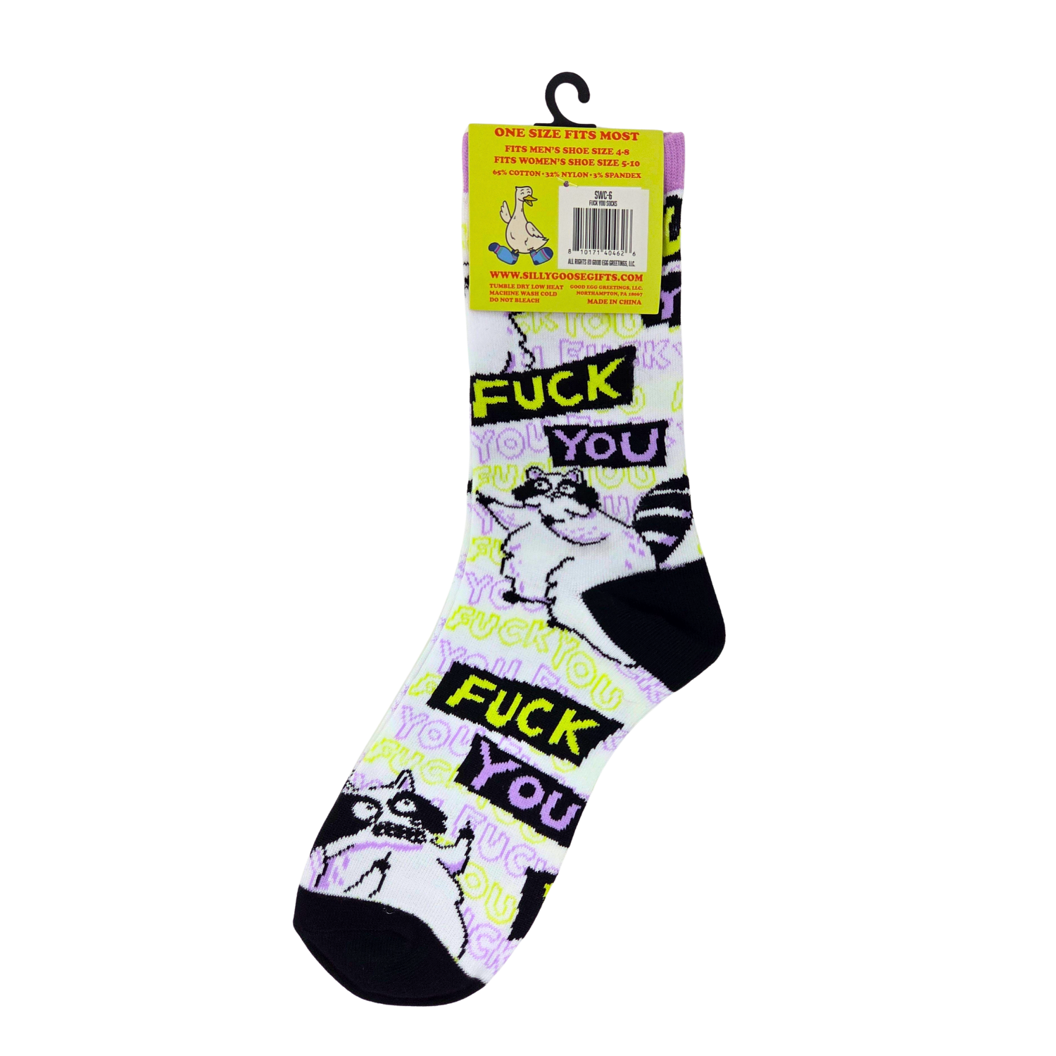 Sleazy Greetings novelty crew socks featuring grumpy cartoon raccoons and repeated ‘Fuck You’ typography in bold black, neon yellow, lavender, and white colors. Funny sarcastic statement socks with chaotic meme-inspired artwork and edgy humorous style.