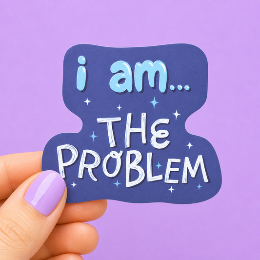 Sleazy Greetings funny die-cut vinyl sticker featuring sparkly retro lettering that says ‘I Am… The Problem.’ Chaotic self-aware sticker with moody pastel aesthetics, sarcastic humor, and unapologetically dramatic gremlin energy.