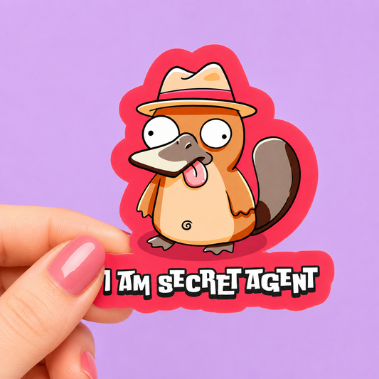 Sleazy Greetings funny die-cut vinyl sticker featuring a goofy platypus secret agent parody wearing a fedora beside the phrase ‘I Am Secret Agent.’ Cute cartoon spy sticker with chaotic meme energy, playful animal humor, and bold bright colors.
