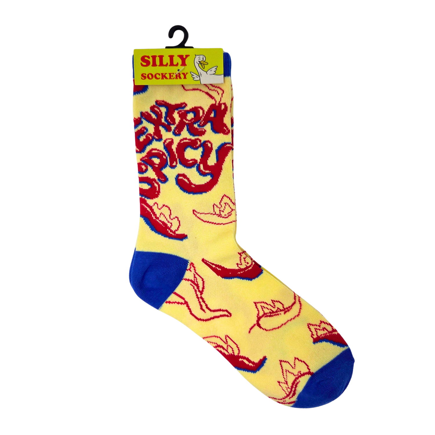 Sleazy Greetings novelty crew socks featuring a spicy hot pepper pattern with bold red and blue accents on a bright yellow background and playful ‘Extra Spicy’ typography. Funny food-themed crew socks with vibrant retro-inspired colors and quirky statement style.