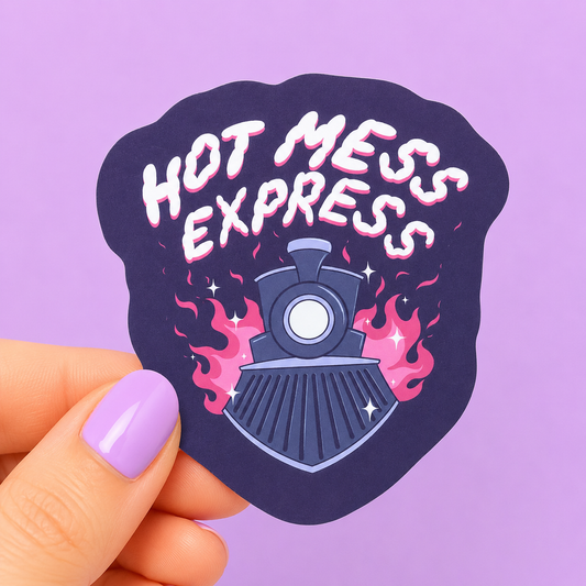 Sleazy Greetings funny die-cut vinyl sticker featuring a flaming locomotive beside the phrase ‘Hot Mess Express.’ Chaotic retro-inspired sticker with dramatic disaster energy, playful pastel flames, and proudly unhinged “barely holding it together” vibes.