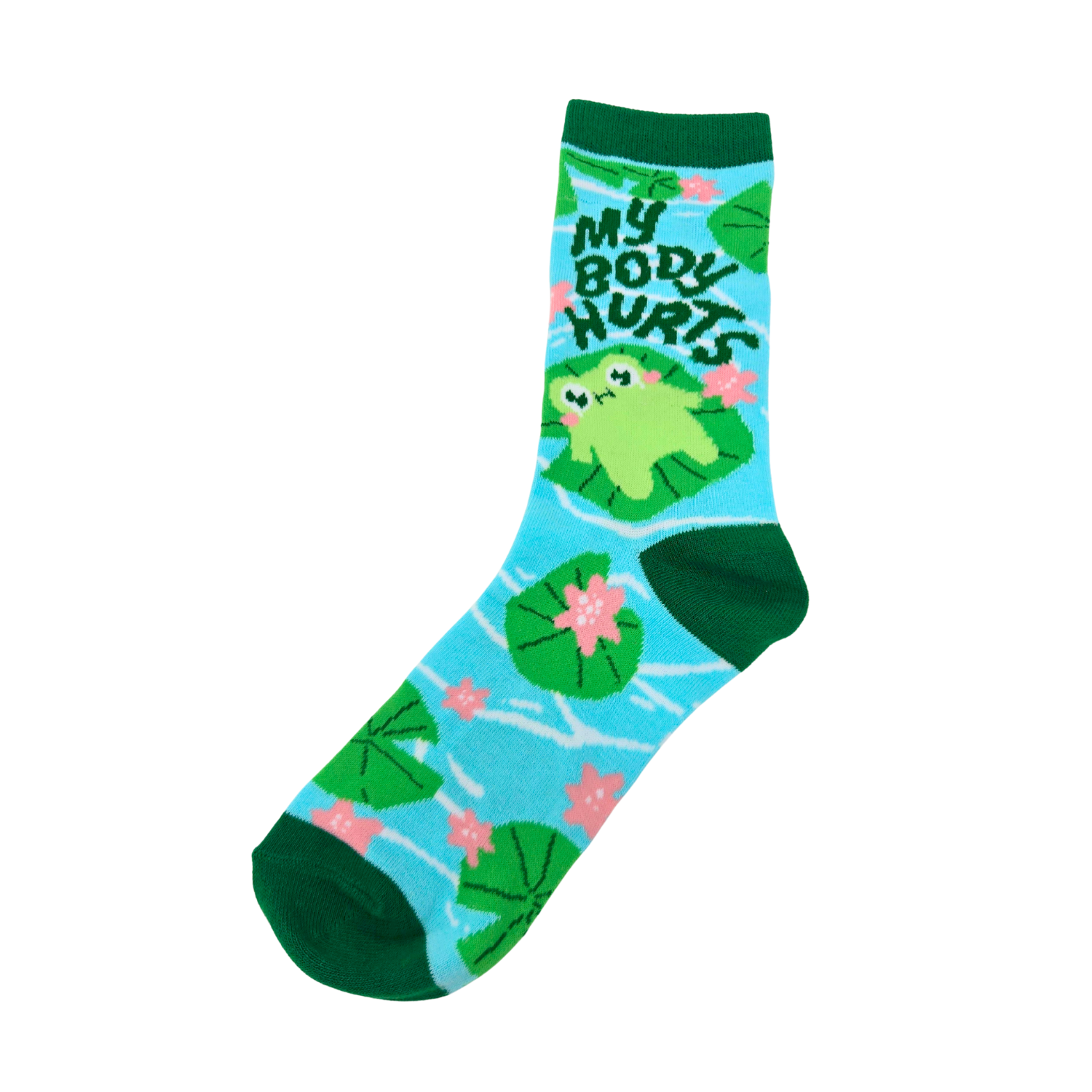Sleazy Greetings novelty crew socks featuring a cute floating frog illustration with the phrase ‘No Body Hurries’ surrounded by lily pads, flowers, and pond-inspired patterns in bright aqua and green colors. Funny relaxing-themed crew socks with whimsical nature artwork and cozy laid-back humor.