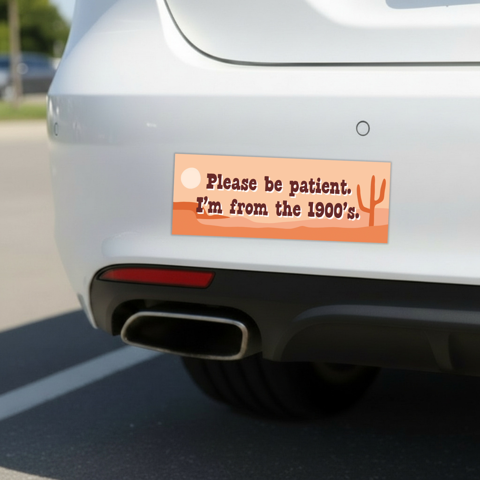 Sleazy Greetings funny bumper magnet displayed on the back of a white car featuring the phrase ‘Please Be Patient, I’m From The 1900’s.’ in retro brown typography on a warm desert-themed background with minimalist cactus and sunset illustrations. Humorous novelty car magnet with vintage-inspired aesthetic and generational humor shown in real-life automotive use.