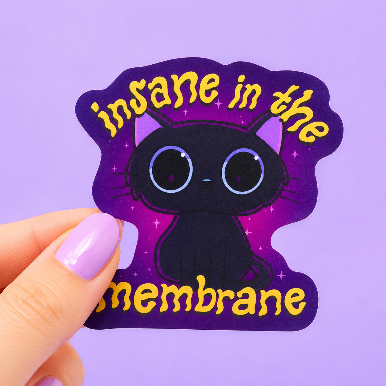 Sleazy Greetings funny die-cut vinyl sticker featuring a wide-eyed black cat floating in a cosmic purple void beside the phrase ‘Insane in the Membrane.’ Retro-inspired meme sticker with spooky cute vibes, chaotic mentally-unwell humor, and mystical gremlin cat energy.