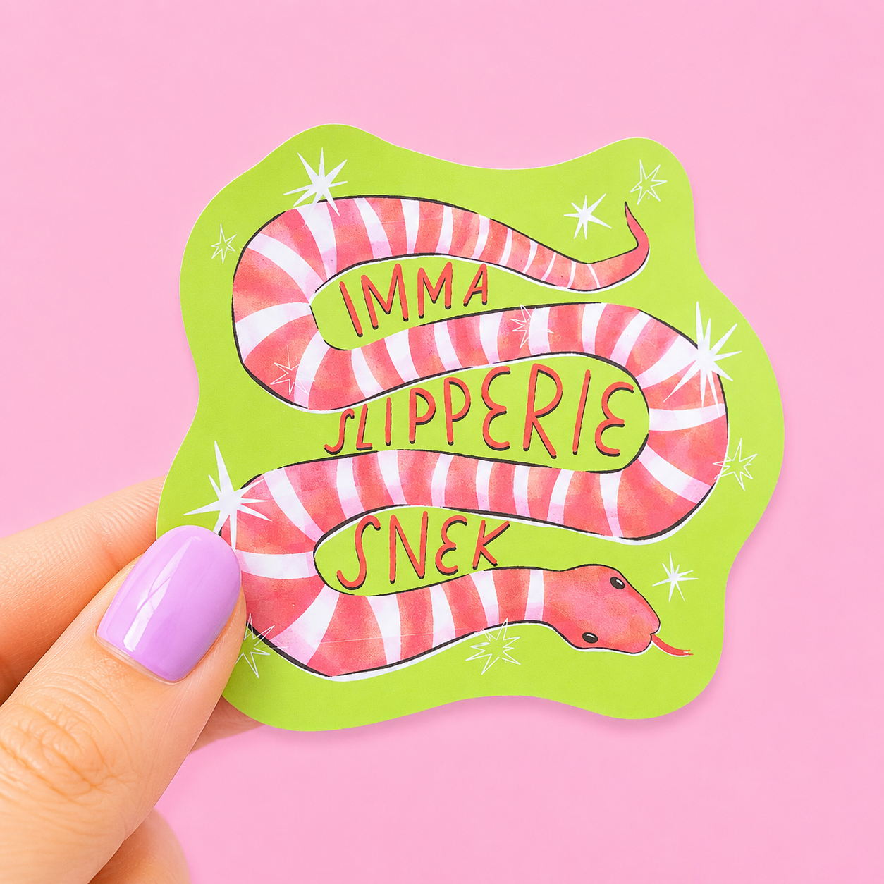 Sleazy Greetings funny die-cut vinyl sticker featuring a sparkly pink striped snake beside the phrase ‘Imma Slipperie Snek.’ Cute chaotic reptile sticker with goofy meme humor, whimsical watercolor-style artwork, and aggressively silly noodle energy.