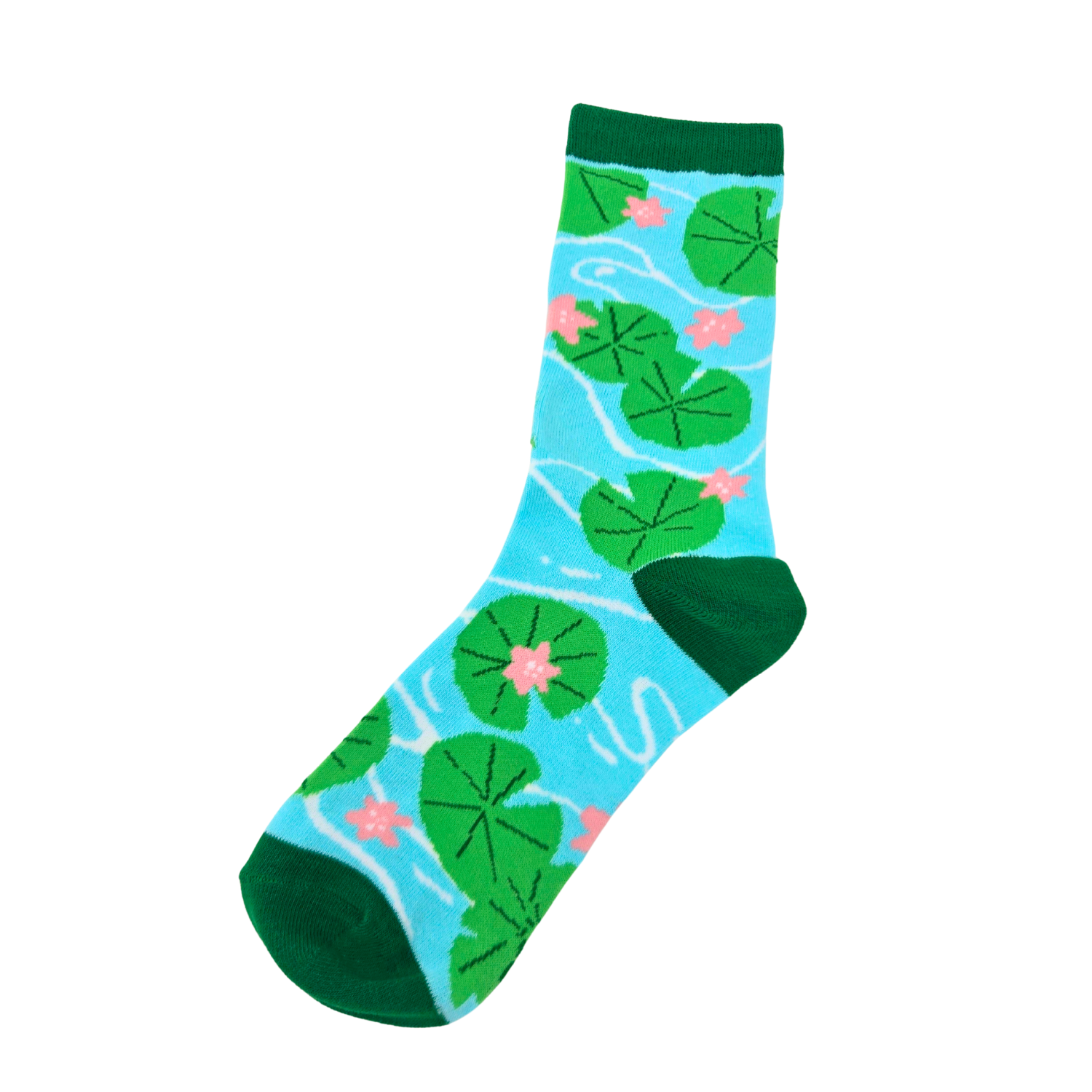 Sleazy Greetings novelty crew socks featuring a cute floating frog illustration with the phrase ‘No Body Hurries’ surrounded by lily pads, flowers, and pond-inspired patterns in bright aqua and green colors. Funny relaxing-themed crew socks with whimsical nature artwork and cozy laid-back humor.