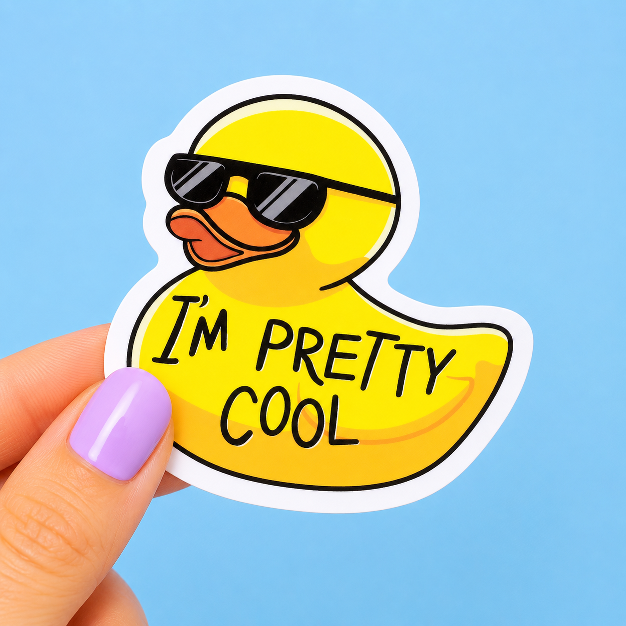 Sleazy Greetings funny die-cut vinyl sticker featuring a smug rubber duck wearing sunglasses beside the phrase ‘I’m Pretty Cool.’ Cute sarcastic duck sticker with playful cartoon artwork, chill confidence vibes, and aggressively cool bath-time energy.