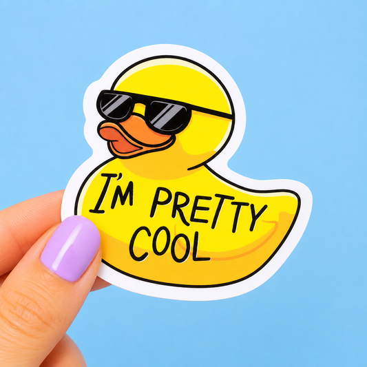 Sleazy Greetings funny die-cut vinyl sticker featuring a smug rubber duck wearing sunglasses beside the phrase ‘I’m Pretty Cool.’ Cute sarcastic duck sticker with playful cartoon artwork, chill confidence vibes, and aggressively cool bath-time energy.