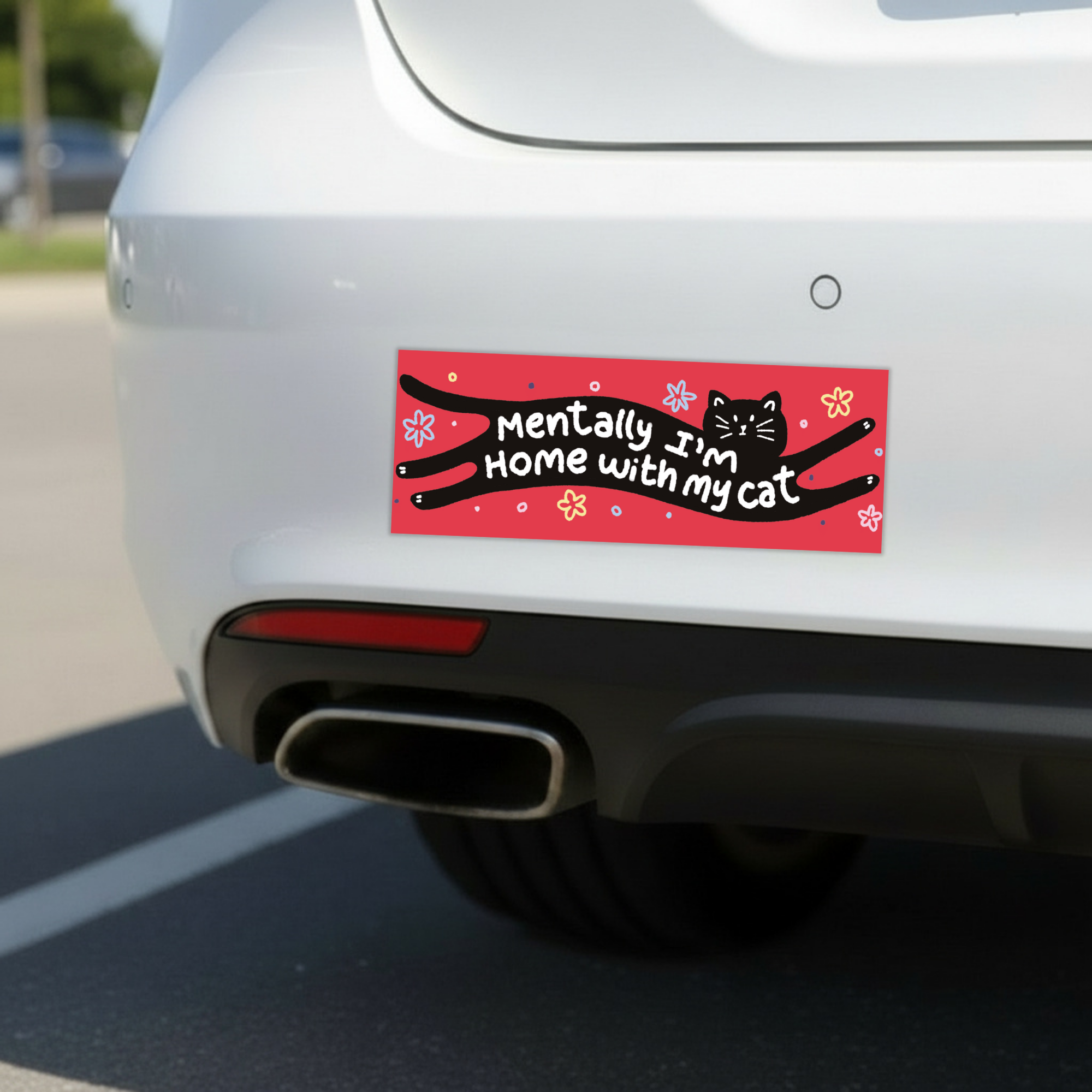 Sleazy Greetings funny bumper magnet featuring the phrase ‘Mentally I’m Home With My Cat’ integrated into a stretched black cat illustration on a bright red background with playful flowers and doodles. Humorous novelty car magnet with cozy introvert humor, whimsical pet lover aesthetic, and cute cartoon artwork.